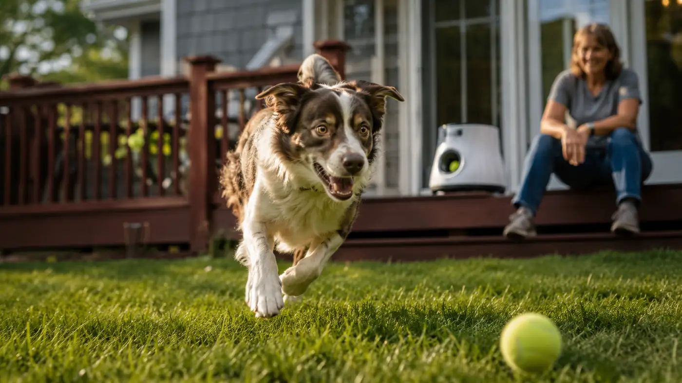High-energy dog sprinting across a backyard chasing a tennis ball just launched from an automatic launcher on the porch