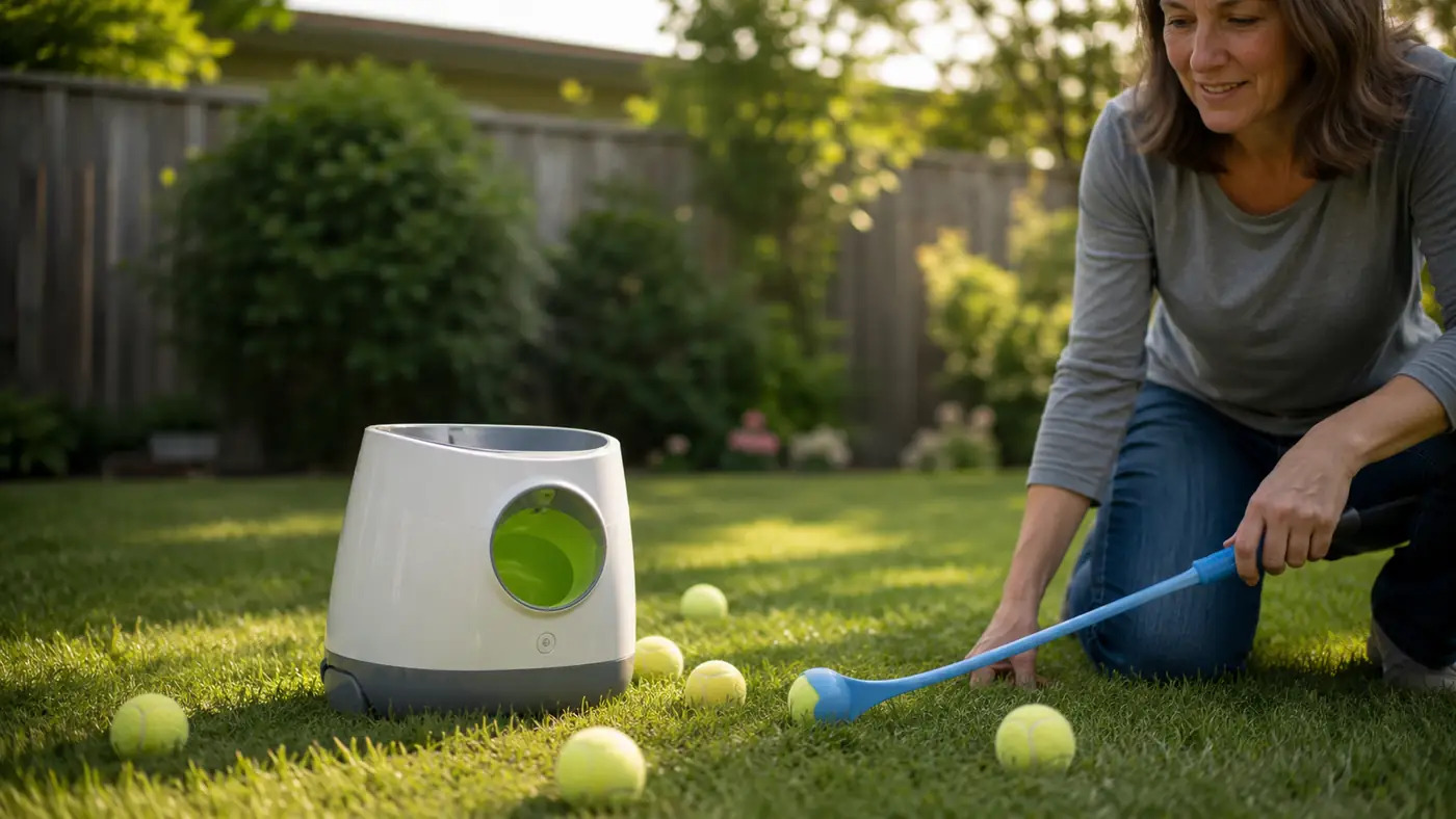 An automatic ball launcher sitting on a lawn next to a manual ball thrower and a scattered handful of mini tennis balls
