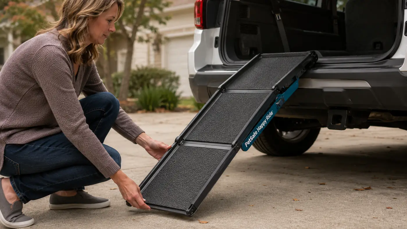 Hand unfolding a PetSafe ramp and setting it against the open trunk of a car