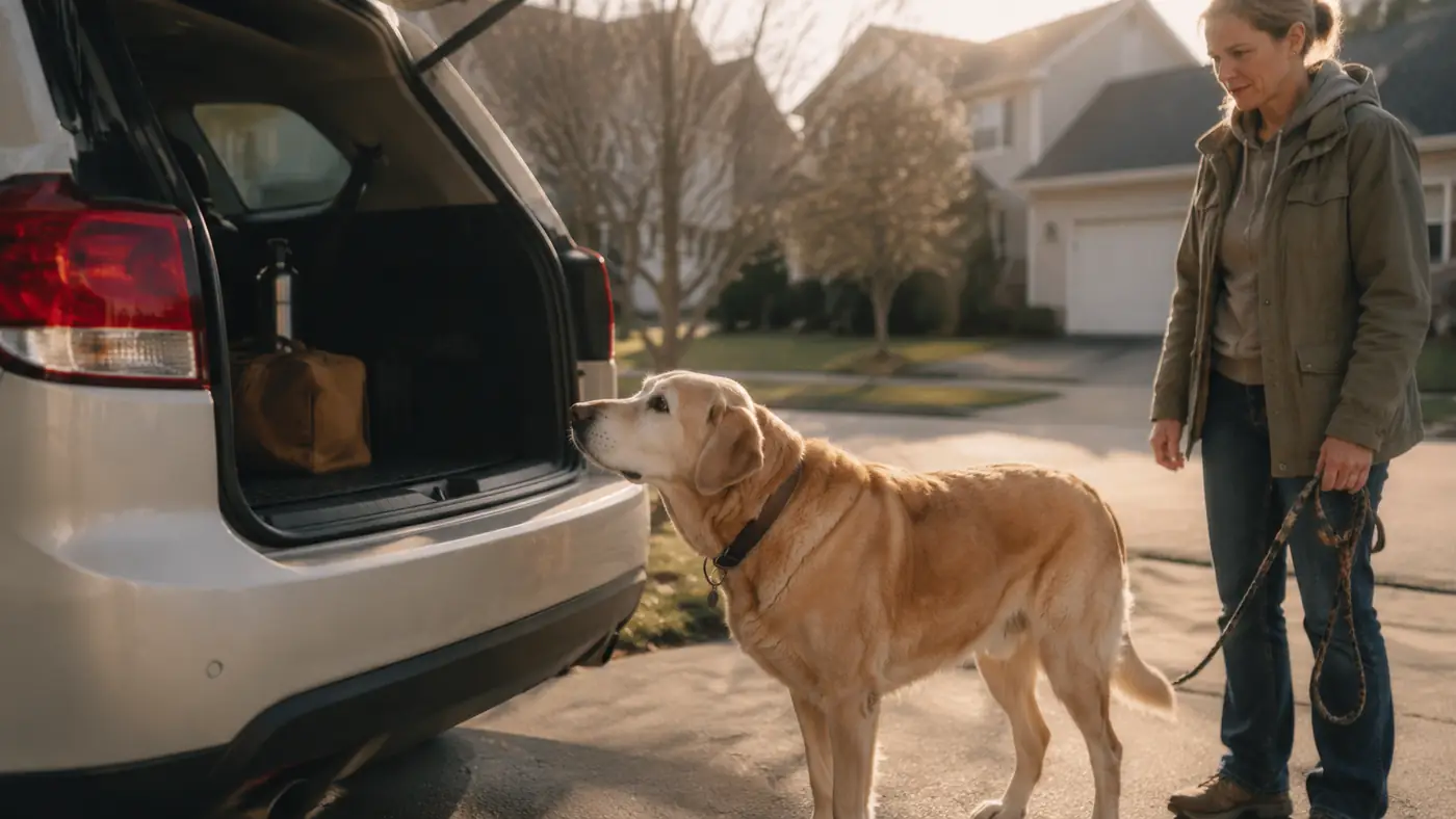 Senior Labrador mix standing at the open tailgate of an SUV in a driveway, early morning light