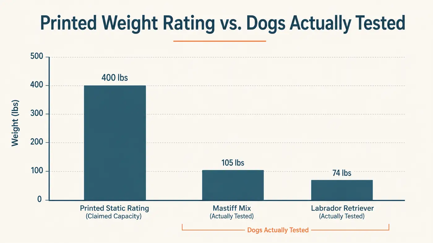 Simple bar chart comparing the ramp's printed 400-pound static weight rating against real dogs tested on it