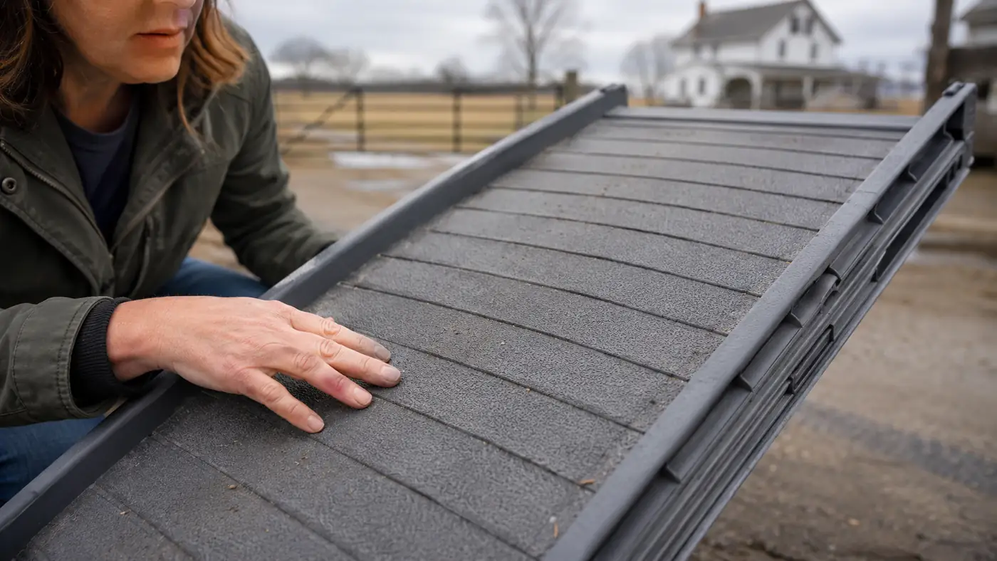 Close-up of a folding pet ramp's textured tread surface with dried mud caught in the grooves, driveway setting