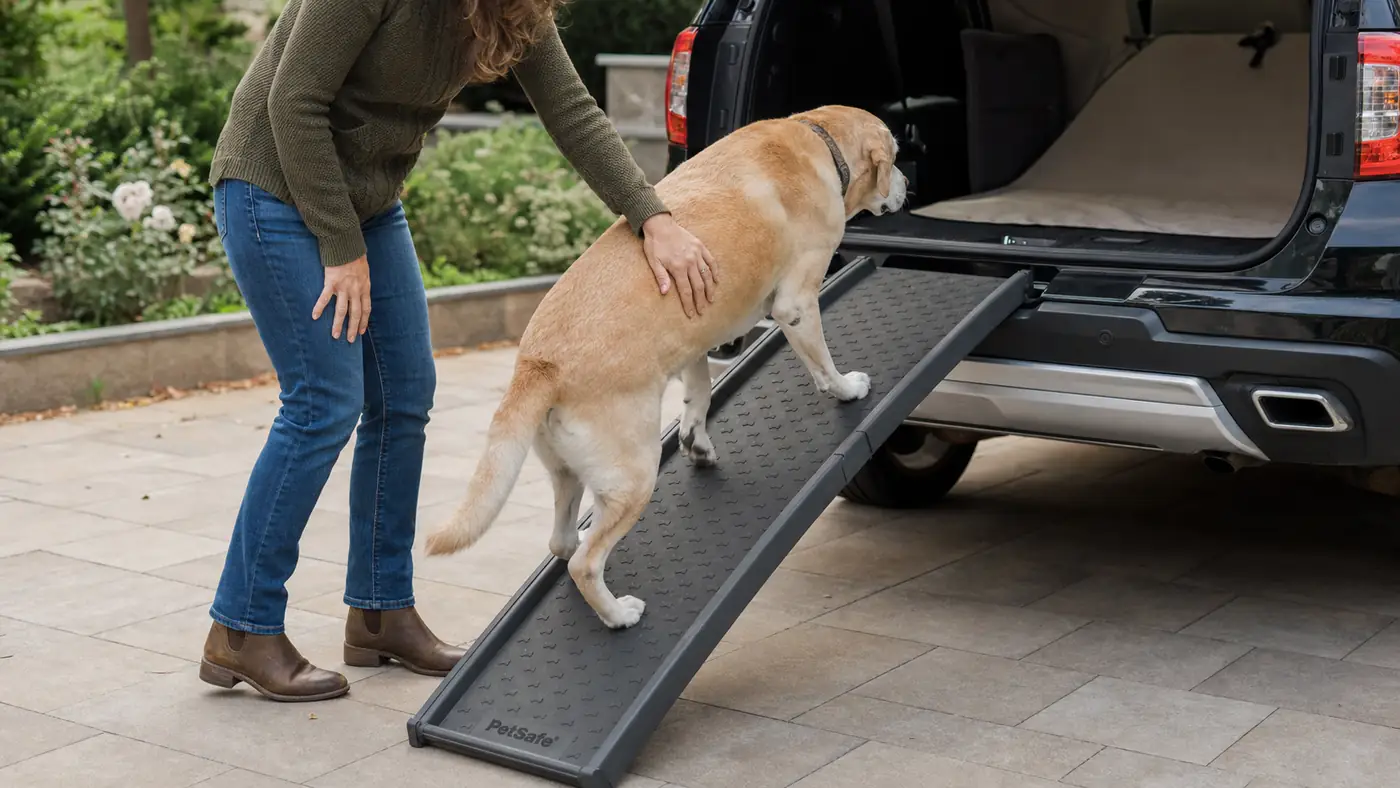 Hand steadying a senior dog's collar while it climbs a non-slip ramp into the back of an SUV