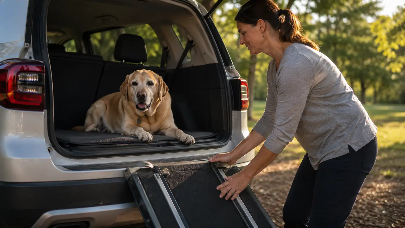 Senior Labrador resting contentedly in the cargo area of an SUV next to a folded pet ramp after a trip to the park