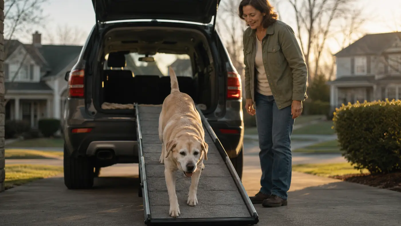 Senior yellow Labrador standing at the base of a folded-out pet ramp leading into the open cargo area of an SUV in a driveway at morning light