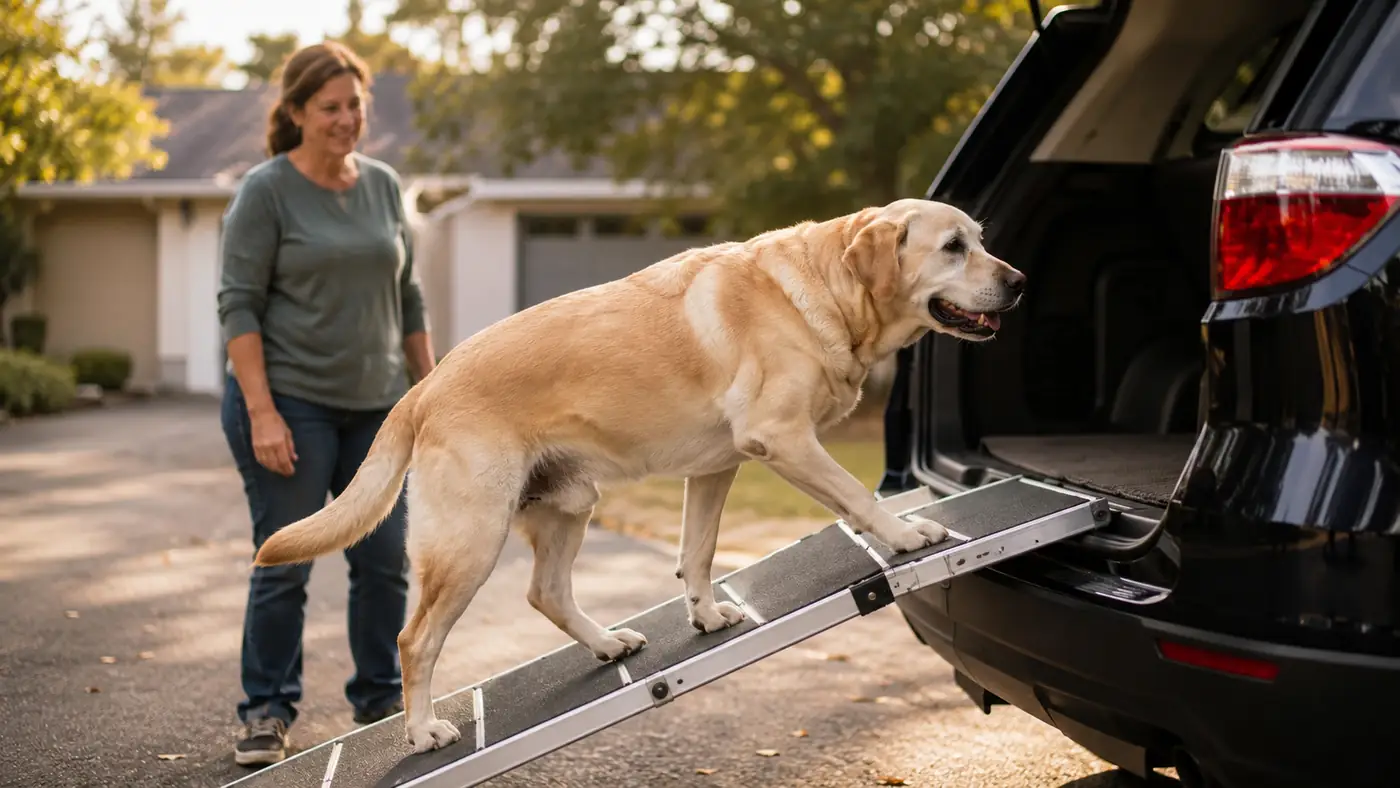 Senior Labrador walking up a folding ramp into the back of a parked SUV