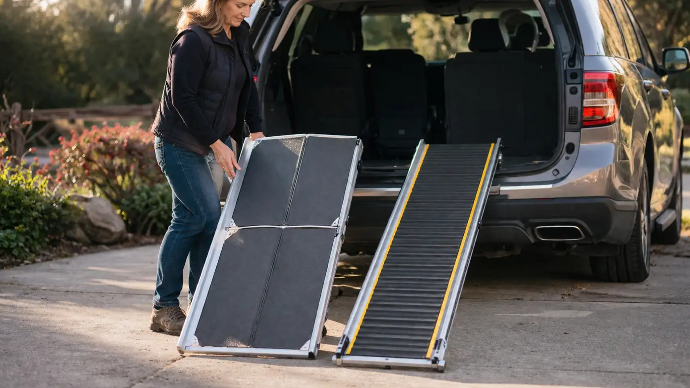 Two dog ramp styles leaning against the open tailgate of an SUV in a driveway, one a folding bi-fold ramp and one a telescoping ramp